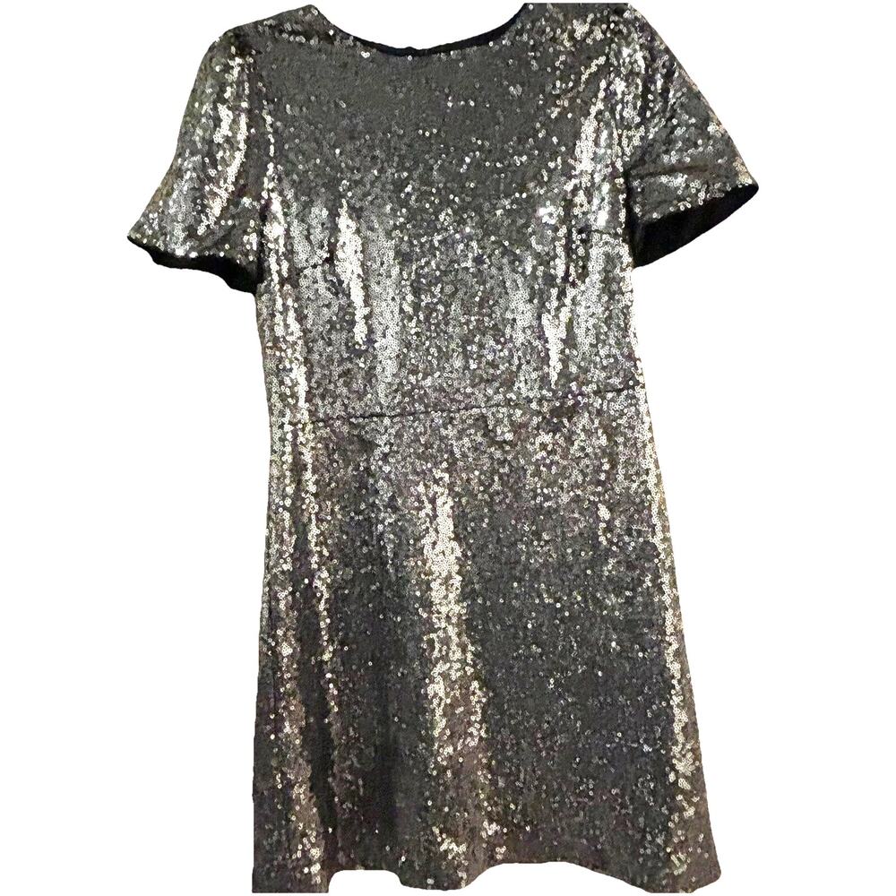 Ann Taylor Sequin Dress Silver Sz 8 Mini Tunic Glam Romantic